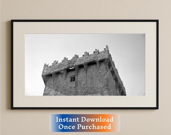 Muur en kantelen Blarney Castle – vintage zwart-witfotografie | Downloadbare afdrukken
