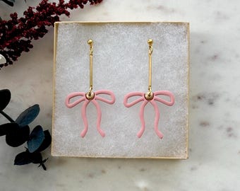 Bow Dangle Earrings - Ribbon Earrings - Polymer Clay Bow Earrings - Pink