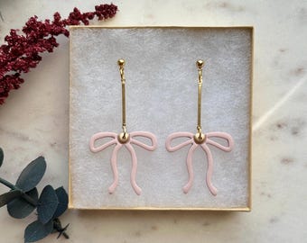 Bow Dangle Earrings - Ribbon Earrings - Polymer Clay Bow Earrings - Blush Pink