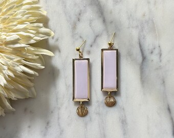 Polymer Clay Rectangle Dangle Earrings - Gold & Purple/Lilac