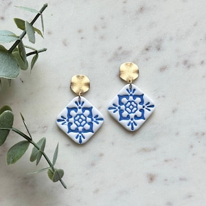 Polymer Clay Daisy Spanish / Mediterranean Tile & Gold or Silver Nickel Free Earrings - Blue - Loseta Flora