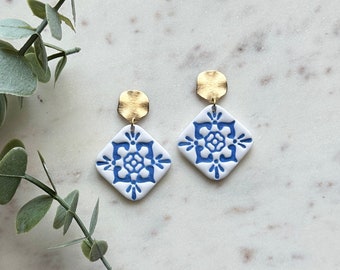 Polymer Clay Daisy Spanish / Mediterranean Tile & Gold or Silver Nickel Free Earrings - Blue - Loseta Flora