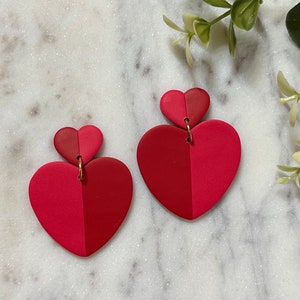 Polymer Clay Two Tone Heart Lightweight Nickel Free Earrings - Red/Pink