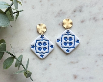 Polymer Clay Daisy Spanish / Mediterranean Tile & Gold Nickel Free Earrings - Blue - Loseta Barroca