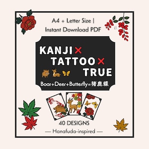 Tatuagem Kanji Verdadeira: Javali, Veado, Borboleta | Conjunto de Significados de Kanji Japonês 40 | PDF Imprimível em Formato A4 (Carta)