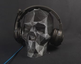 Soporte para auriculares de calavera de baja poligonización, busto de calavera para pintar, soporte para auriculares, decoración para sala de juegos
