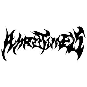 Könnte beinhalten: Schwarzer, stilisierter Text auf weißem Hintergrund. Der Text ist ein Logo oder Designelement in einer gotischen oder tribalen Schriftart. Die Buchstaben sind miteinander verbunden und haben scharfe, spitze Kanten.