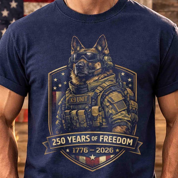 Camiseta de pastor alemán K9 con colores cómodos, camiseta patriótica de 250 años de libertad