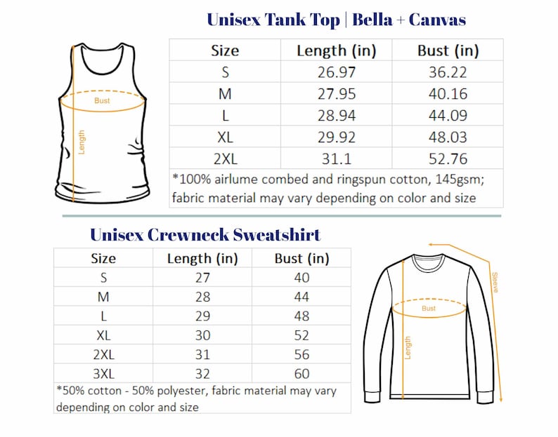 Puede incluir: Diagramas de una camiseta sin mangas y una sudadera de cuello redondo unisex con tablas de tallas. La tabla de la camiseta sin mangas enumera las tallas S-2XL con medidas de busto y largo en pulgadas. La tabla de la sudadera enumera las tallas S-3XL.