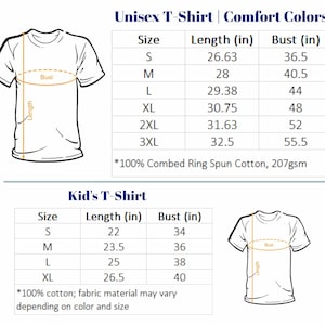 Puede incluir: Gr&aacute;fico de camiseta blanca con detalles de tallas y medidas. La imagen incluye una tabla de tallas para camisetas unisex y para ni&ntilde;os, que muestra las medidas de largo y busto en pulgadas. El texto incluye "Comfort Colors" y detalles de la tela.
