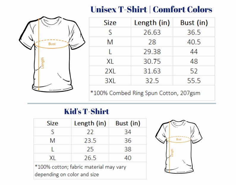Puede incluir: Gr&aacute;fico de camiseta blanca con detalles de tallas y medidas. La imagen incluye una tabla de tallas para camisetas unisex y para ni&ntilde;os, que muestra las medidas de largo y busto en pulgadas. El texto incluye "Comfort Colors" y detalles de la tela.