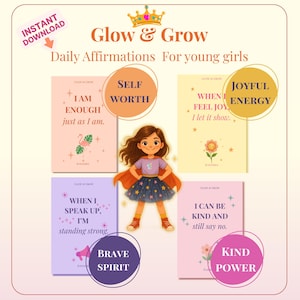 Carte di affermazione "Bright and Grow" per ragazze - 24 citazioni positive quotidiane / Carte stampabili per la mentalità dei bambini / Mazzo SEL per fiducia, gioia e autostima