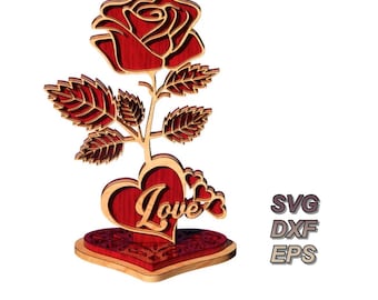 Laser cut files Wooden Love Rose with stand / Valentines's Day Love you / Mother's Day Laser cut files SVG DXF EPS / glowforge file
