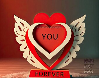 Romantic 3D heart trophy with wings – Laser Cut digital file | svg, dxf, eps, pdf/ Valentines's Day / Mother's Day