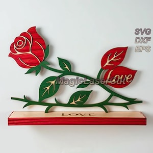 Archivo cortado por láser: Rosa decorativa con texto de amor / Día de San Valentín Te amo / Día de la Madre Archivos cortados por láser SVG DXF EPS