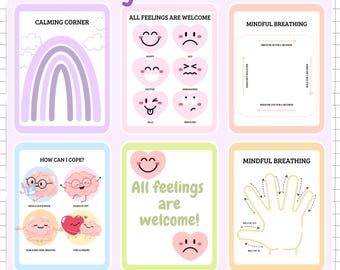 May include: A set of six printable posters for a calming corner. The posters feature rainbows, hearts, brains, and hands with instructions for mindful breathing. The text on the posters includes "Calming Corner", "All Feelings Are Welcome", "Mindful Breathing", "How Can I Cope?", and "All Feelings Are Welcome!"