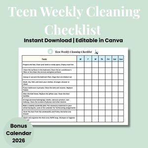 Teen weekly Cleaning Schedule,Teen Cleaning Checklist,Teen ChoreList,Teen to Do List,Teen Chore List Printable+Bonus 2026 Calendar Editable
