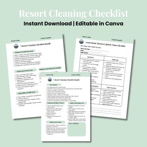 Può includere: Un pacchetto di liste di controllo per la pulizia dei resort stampabili. Le liste di controllo includono aree come cucine, piscine, camere degli ospiti e uffici. Il testo sulle liste di controllo è in verde e bianco.