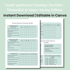 May include: A printable cleaning checklist for small apartments, featuring a minimalist design. The checklist includes daily, weekly, and monthly tasks, with a section for notes. The text "Instant Download | Editable in Canva" is visible.
