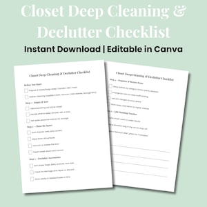 Op de afbeelding: Twee afdrukbare checklists met de titel "Closet Deep Cleaning & Declutter Checklist" op wit papier. De checklists zijn ontworpen om te helpen bij het organiseren en schoonmaken van een kast. De tekst "Instant Download | Editable in Canva" staat bovenaan.