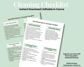 May include: A digital document titled Specialized Spaces Cleaning Checklist featuring sections for Garage Cleaning, Closet Declutter, and Laundry Room Cleaning. The white pages contain black text, checkboxes, and green banner headers for organization.