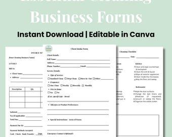 Essential Cleaning Business Forms Templates,Client Intake,Checklist,Invoice,Cleaning Services,Professional Cleaning,Editable Canva Printable