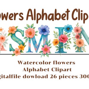 Floral Alphabet Clipart - Aquarell Buchstaben A-Z PNG, digitaler Download für Sublimation, Kinderzimmer Wandkunst, Monogramm, Einladungen