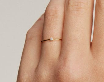14K Solid Gold Dainty Diamond Ring, Thin Band 0.05ct Solitaire Ring, Minimalist Gold Engagement Ring, Delicate Stackable Ring, Gift for Her
