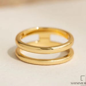 14K Solid Gold Double Band Ring, Minimalist Split Shank Ring, Stacked Look Gold Ring, Modern Statement Jewelry, Stacking Ring, Gift for Her