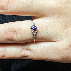 14K Gold Amethyst Ring, Princess Cut Engagement Ring, Dainty Diamond Ring, February Birthstone Jewelry, Diamond Amethyst Ring, Gift for Her
