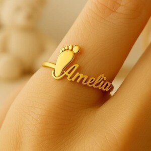 Baby Footprint Name Ring - 14K Solid Gold Personalized Baby Jewelry, New Mom Gift, Infant Footprint Ring, Custom Name Ring,Mom Keepsake Gift