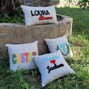 Punch Needle Pillow Personelized,  Crochet Embroidered writing Cushion, Punch Needle Pillow Case, Personalized Handmade gifts