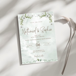 Saliegroene esthetische bloemen bruiloft uitnodigingsset – 4-delige canvassjabloon – bewerkbare uitnodiging, direct downloaden