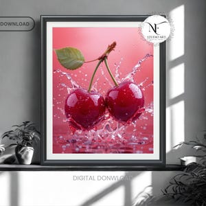 Cherry Splash Wall Art | Red Fruit Kitchen Printable | Vibrant Cherry Photography | Digital Download Food Poster | Modern Wall Decor