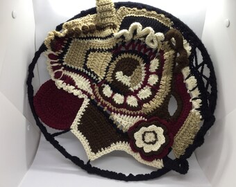 Abstract Brown Black White 3D Wall hanging Fiber Yarn Art Crocheted on a 15 inch circular hoop