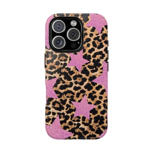 Pink Glitter Star Leopard Print Phone Case - Trendy Y2K Glam Animal Print Case for iPhone & Samsung