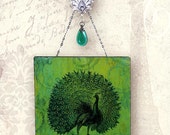 Peacock Plume Wall Hanging - Vintage Paris Fashion - Glass Wall Pendant - Peacock Plume