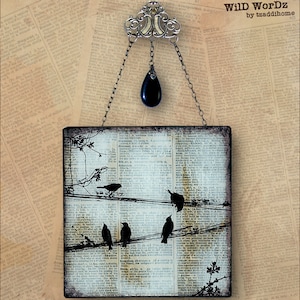 Birds on a Wire Handmade Glass Wall Decor from Upcycled Dictionary page book art - WilD WorDz - Carriers of the Word No. 1