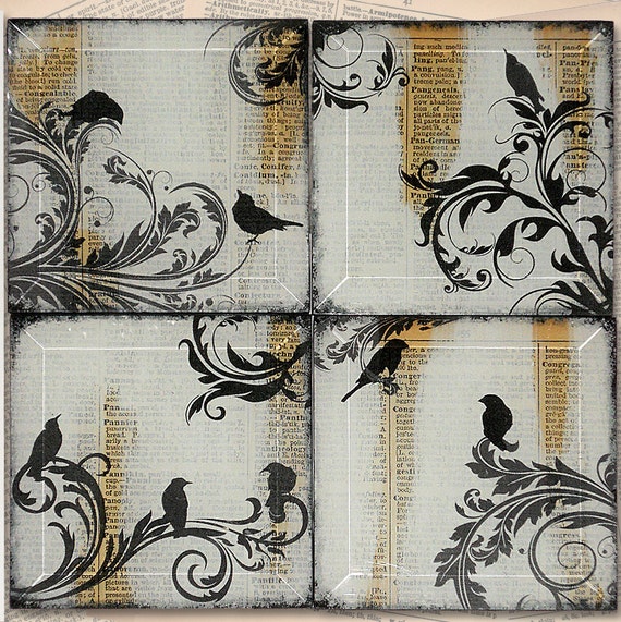 Black Bird Flourish Glass Coaster Set From Upcycled Etsy