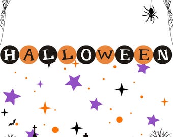 May include: A Halloween-themed graphic with a white background. The word "HALLOWEEN" is displayed in orange and black circles. The image includes a spider web, spider, stars, bats, and silhouettes of trees and buildings.