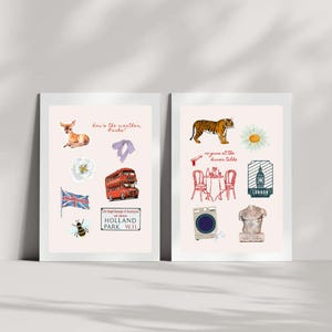 May include: Two printable art prints with a pink background and various illustrations. The left print features a deer, a flower, a double-decker bus, a British flag, a bee, and the text "how's the weather, Parks?" and "The Royal Borough of Kensington and Chelsea HOLLAND PARK, W.11." The right print features a tiger, a daisy, a table setting with two chairs, a washing machine, a bust, and the text "no guests at the dinner table" and "LONDON".
