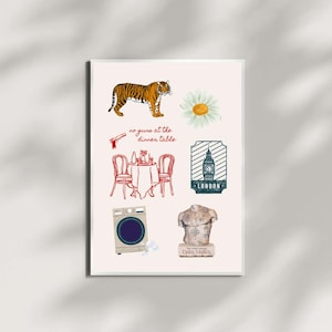 May include: A set of colorful stickers featuring a tiger, a daisy, a table setting with the text "no guns at the dinner table", a London landmark, a washing machine, a statue of a torso, and a book titled "The Great Gatsby" by F. Scott Fitzgerald.