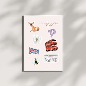 May include: A set of stickers featuring a deer, a flower, a double-decker bus, a British flag, a bee, and a sign that reads "The Royal Borough of Kensington and Chelsea, Holland Park, W.II."