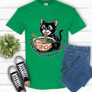 Funny Cat Shirt, Ramen Solves Everything, Graphic Unisex Cotton Tee, Gift for Cat Moms, Casual Wear