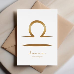 Pure Libra Glow - Biglietto di auguri personalizzato con il segno zodiacale della Bilancia, biglietto di auguri personalizzato per compleanno o semplicemente perché, biglietto di auguri astrologico minimalista in oro, biglietto di auguri personalizzato con il nome
