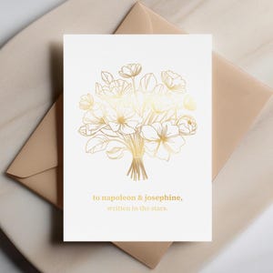Écrit dans les étoiles - carte de mariage, noms personnalisés, voeux de mariage en or minimaliste, carte personnalisée pour les couples, souvenir de style céleste