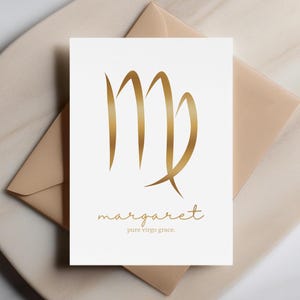Reine Jungfrau Anmut - Personalisierte Jungfrau Sternzeichen Karte, Minimalistische Gold Astrologie Karte, Benutzerdefinierte Name Gold Grußkarte, Persönliche Notiz innen