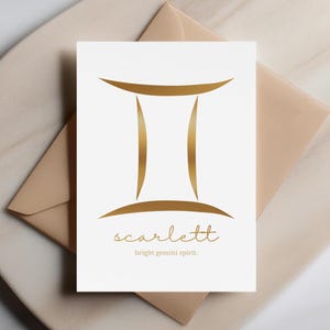 Bright Gemini Spirit - gepersonaliseerde sterrenbeeld Tweelingen, minimalistische gouden astrologiekaart, aangepaste naamkaart, gouden wenskaart, sterrenbeeld