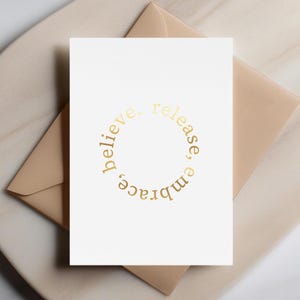 Release Embrace Believe - Cadeau pleine conscience, carte de voeux dorée minimaliste, carte inspirante de soins personnels, carte de soutien d'un ami, santé mentale