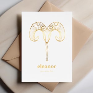 Gepersonaliseerde dierenriemkaart Ram - puur Ram-vuur, gewaagde gouden astrologiekaart, aangepaste naamgroet, unieke verjaardag of cadeau sterrenbeeld